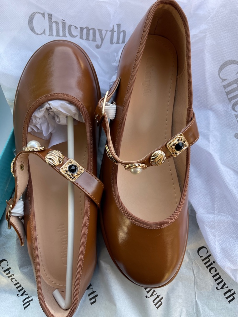 Brown Mary Jane Flats with Gold Embellished Strap